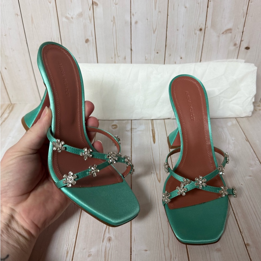 Amina Muaddi Lily Crystal Embellished Slide Sandal Turquoise Sz 36.5 / 6.5 - Picture 7 of 14